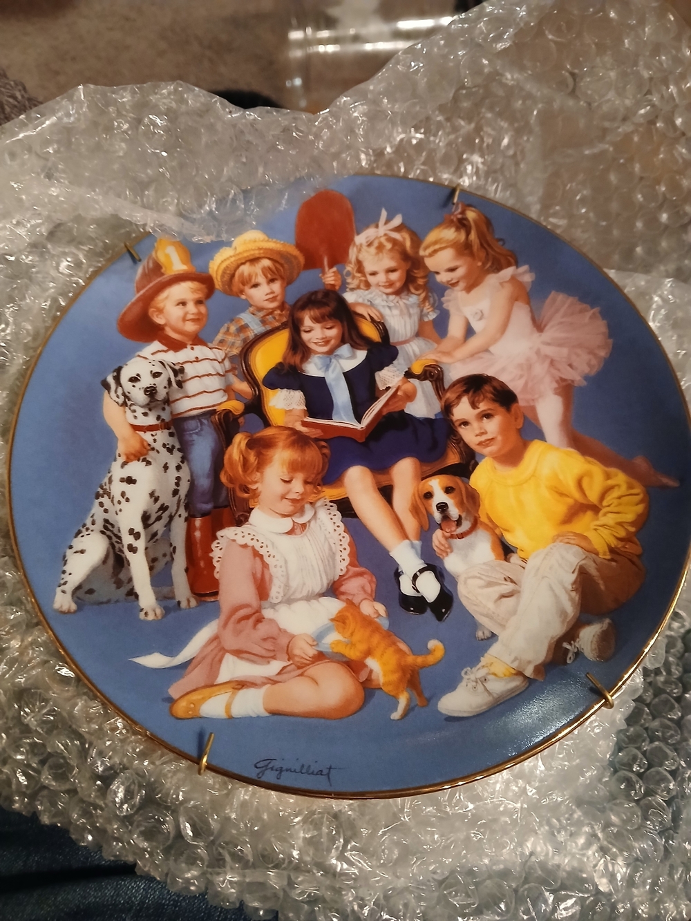 Decorative Children and Pets Collector Plate - Blue Background